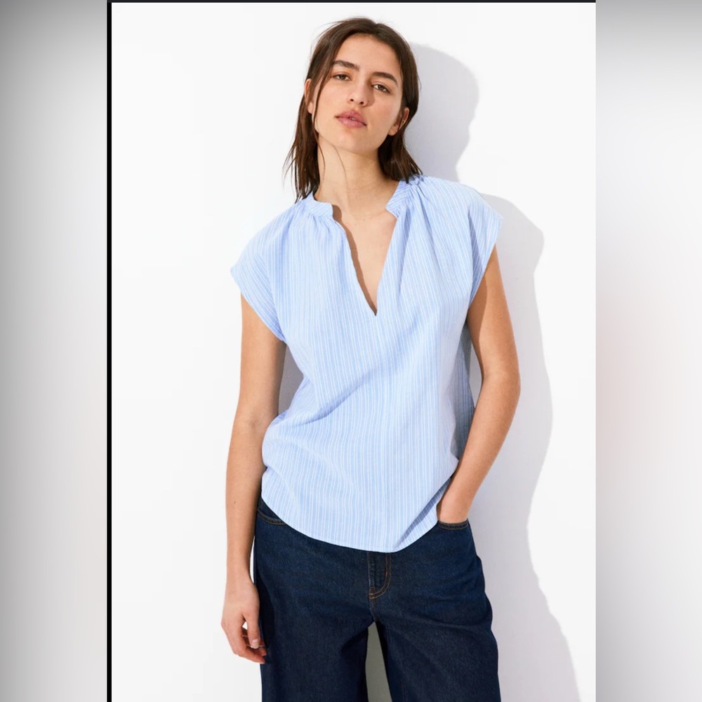 H&M Blue Cap Sleeve Mandarin Collar Blouse Sz S